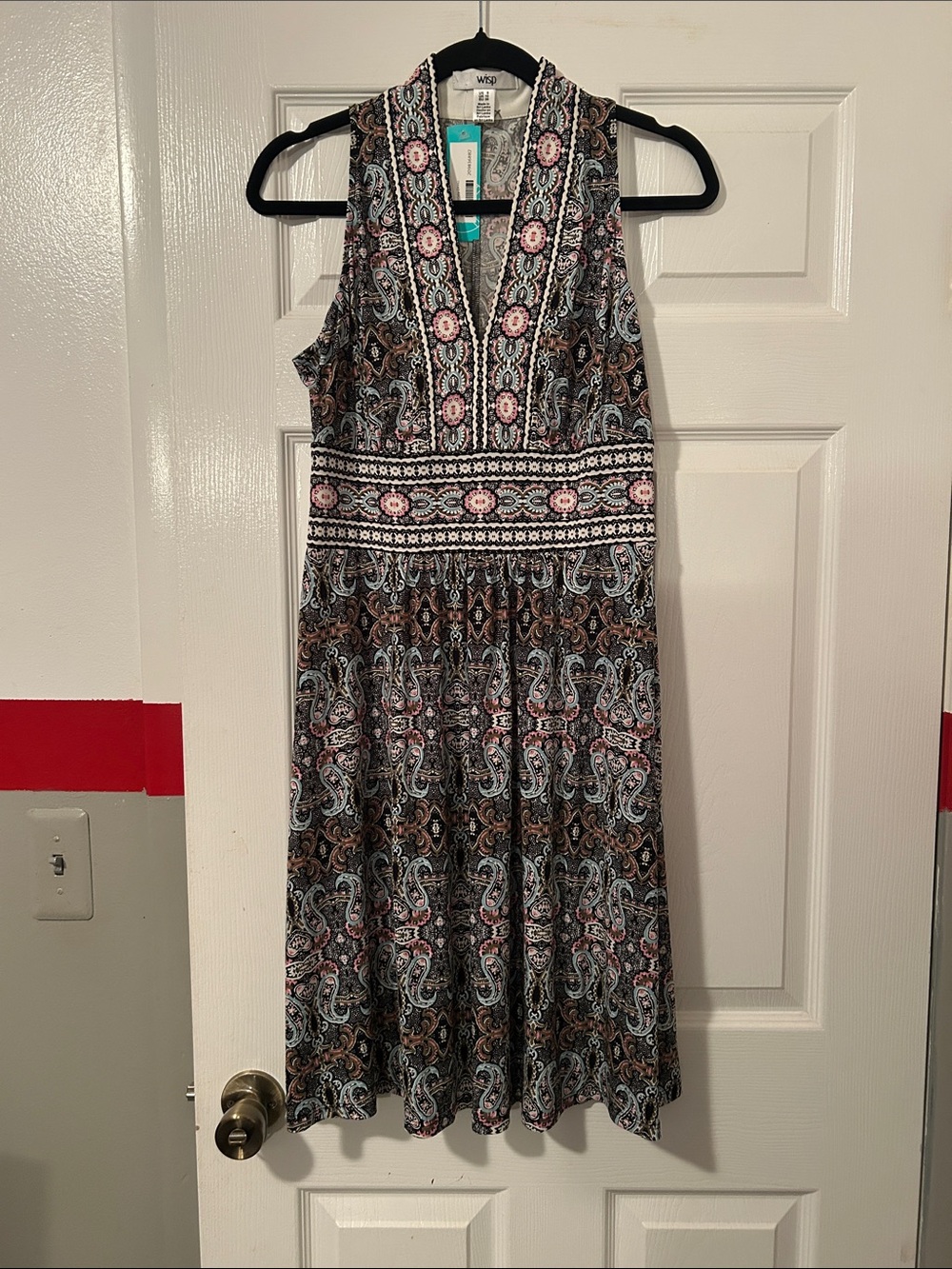 W118 by Walter Baker Black Paisley-Print Sleeveless Midi Dress with Pink Accents